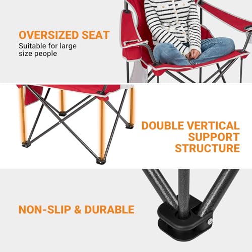 KingCamp 2pack Red Oversized Camping Chair with Cup Holder & 3 Storage Pockets - Heavy-Duty 360lbs Capacity Folding Lawn Chair, Portable Compact Foldable Outdoor Chair for Camping, Fishing, BBQ - color: 2 Pack-red