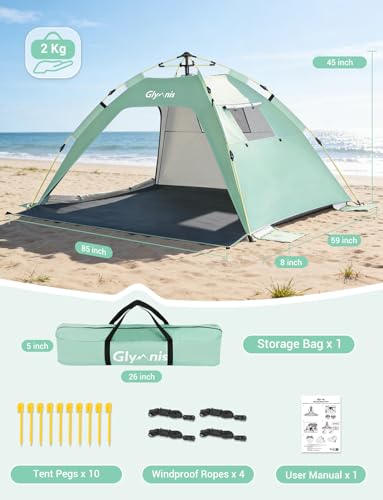 Glymnis Pop Up Beach Tent Sun Shade Shelter for 3-4 Person with UPF 50+, Lightweight & Easy Setup, Vent Windows & Zippered Door, Extended Floor Family Instant Beach Tent - color: Green