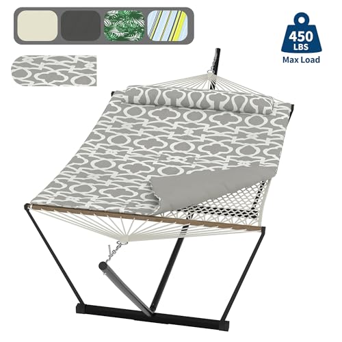 2 Person Outdoor Hammock with Stand, Person Cotton Rope Hammock with Polyester Pad, Portable Hammock with Carrying Bag, for Patio, Garden, Beach, Backyard Camping - color: Grey