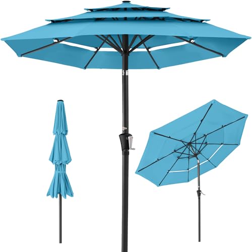 Best Choice Products 10ft 3-Tier Market Patio Umbrella, Outdoor Sun Shade with Tilt, Crank Lift, 8 Ribs for Backyard, Deck, Poolside - color: Sky Blue