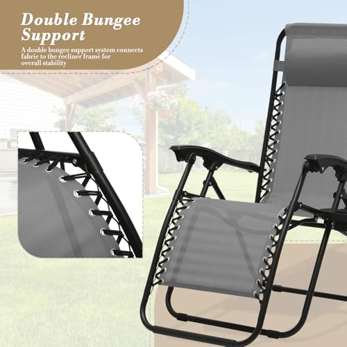 Athena Collection Zero Gravity Outdoor Lounge Chair Set of 2 with Side Table, 25" Width Pool Lounge Lawn Chairs Reclining with Cup Holder, Outdoor Chaise for Beach Patio Backyard Outside, Grey - color: Grey, style: 25" Width