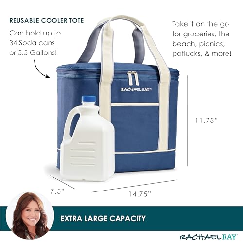 Rachael Ray Soft Reusable Insulated Canvas Grocery Tote Bag, Navy - color: Navy