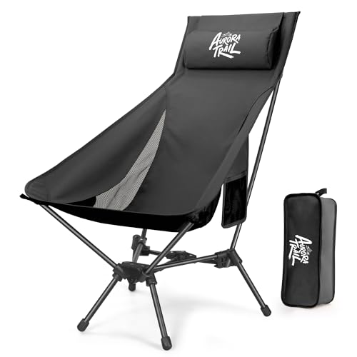 AuroraTrail High Back Folding Camping Chair with Pillow – Lightweight Portable Outdoor Chair with Cup Holder & Carry Bag, Sturdy Aluminum Frame Supports up to 374 lb for Camping, Hiking & Festivals - color: Black Out
