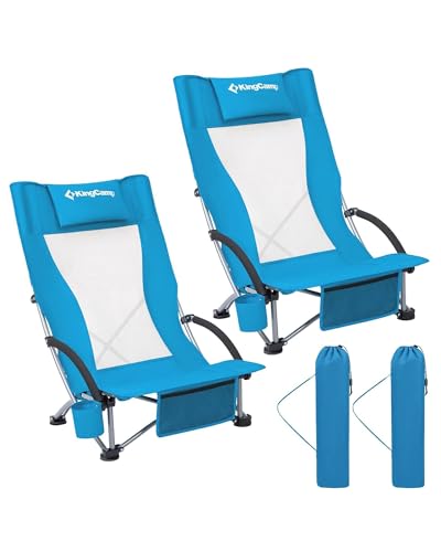 KingCamp Low Beach Chair, High Back Folding Camping Chair for Adults, Oversized Breathable Mesh Seat, 300lbs Heavy Duty Portable Chair with Cup Holder & Storage Pockets for Beach, Outdoor - color: Ergobreeze H Blue 2pcs-2