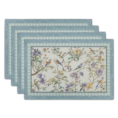 Spring Placemats Set of 4 Blue Birds Flowers Blossom Table Mats Seasonal Spring Floral Place Mats Washable Rustic Holiday Table Decoration for Indoor Outdoor Party Kitchen Dining - color: Blue Bird Flowers