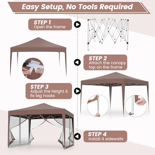 Tangkula 10x10 Ft Pop Up Canopy with Netting, Easy Up Outdoor Tent with Mesh Sidewalls, Carrying Bag, Adjustable Height, Portable Canopy Tent for Parties Events Camping Travel - color: Brown