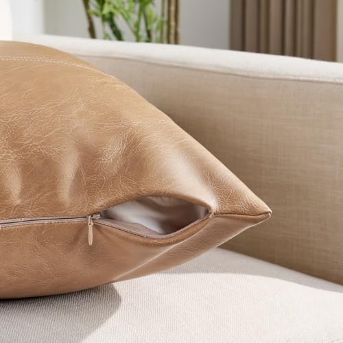 Fancy Homi 2 Packs Tan Long Lumbar Waterproof Faux Leather Decorative Throw Pillow Covers 14x20 Inch for Outdoor Couch Bed, Beige Hand Stitched Cushion Case 35x50 cm, Taupe Modern Farmhouse Home Decor - color: Tan, size: 20" x 14" (Pack of 2)