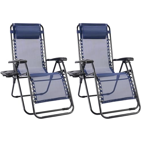 Sweetcrispy Zero Gravity Chairs Set of 2, Outdoor Folding Reclining Lounge Chair with Cup Holder Tray & Adjustable Pillow, Portable Camping Beach Patio Poolside Lawn Yard Chair, Classic Blue - color: Classic Blue