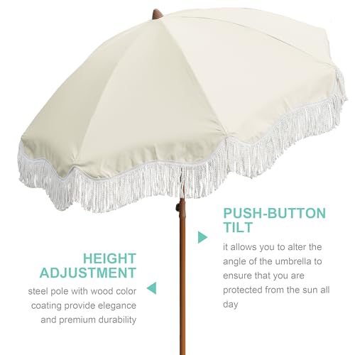 AMMSUN 6.5ft Boho Outdoor Umbrella with Fringe, UPF 50+ Picnic Umbrella with Tassels, Premium Steel Pole and Push Button Tilt, Light Beige - color: Light Beige