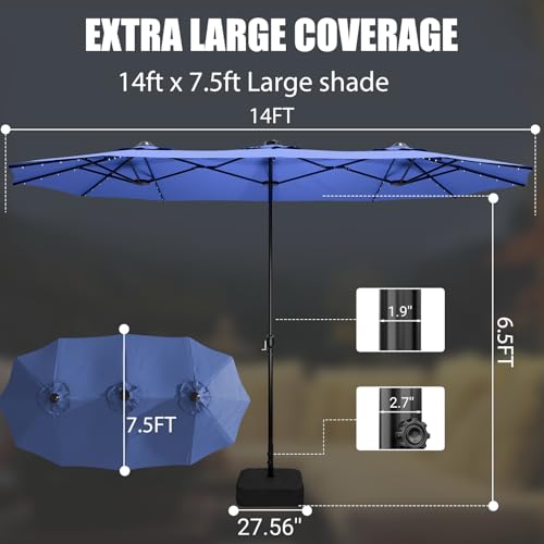 LEVELEVE 15FT Double-Sided Patio Umbrella with Base Included, Large Outdoor Rectangular Market Umbrella for Backyard, Poolside, Lawn & Garden,Blue - color: Dark Blue, size: 15FT