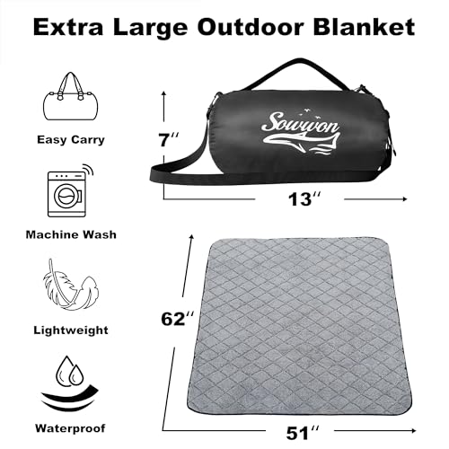 Waterproof Outdoor Blanket 62”X 51” Packable, Stadium Blankets for Camping with Sherpa Fleece Lining, Large Windproof Emergency Throw for Garss Picnic Hiking Road Trip, Machine Washable, Black 300GSM - color: Sherpa Black-300 Gsm, size: 62"x 51"