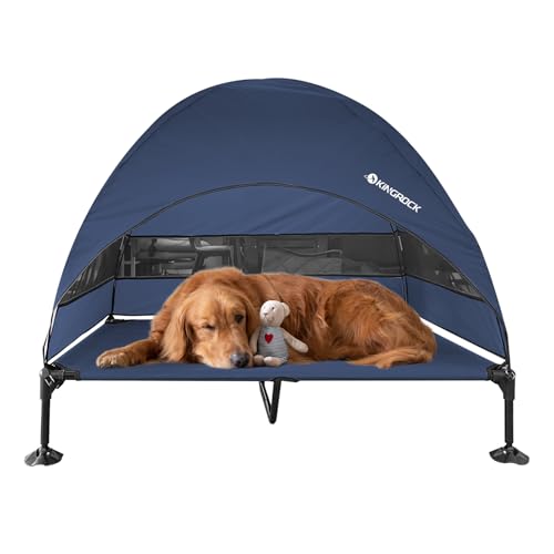 KINGROCK Elevated Dog Bed with Removable Canopy Portable Outdoor Pet Cot Waterproof 600D Oxford Fabric Anti Slip Feet for Large Dogs Camping Beach Indoor and Outdoor Use - color: Navy, size: 50"L x 32.6"W x 43"Th