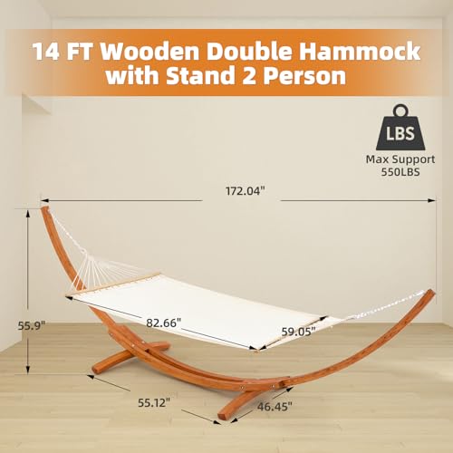 ECOTOUGE 14FT Wooden Double Hammock with Stand 2 Person Heavy Duty, Easy Assemble, Weatherproof Premium Quilted Camping Hammock for Outdoor, Patio(White) - size: 14FT