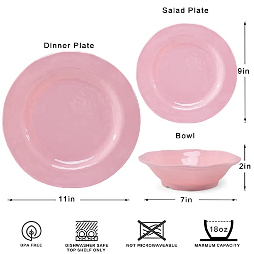 LEHAHA Pink Dishes Melamine Dinnerware Sets, 12 Piece Kitchen Plates and Bowls Dinnerware Sets, Lightweight, BPA free Melamine Dishes for Girls, Valentine's Day, Mother's Day. - color: Pink