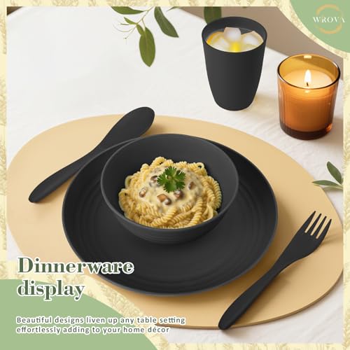 Wrova Wheat Straw Dinnerware Sets of 20,Alternative to Melamine dinnerware sets with Flatwares Dishwasher Safe,Lightweight and Unbreakable Camping Dishes for R.V.(Black) - color: Black, size: 20 Pack