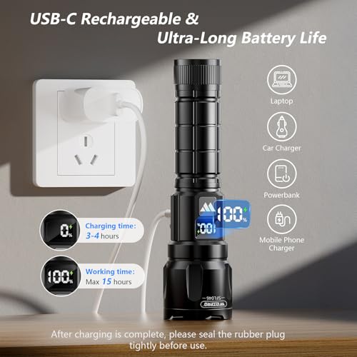 WdtPro Flashlight LED Rechargeable 2 Pack, 3 Modes Super Bright Flashlights High Lumens, Zoomable Tactical Linternas with LCD Digital Display, Powerful Handheld Flashlights for Home Emergency Camping - color: Black