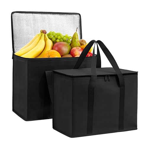 Carrywell (Not Made In China) Insulated Reusable Grocery Bags 2-Pack, Catering and Delivery Bag For Hot and Cold Food, Collapsible Thermal Tote For Doordash - color: Black, size: 2 pack, style: XL Insulated