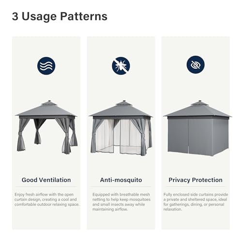 LAUSAINT HOME 10'x10' Outdoor Gazebo with Solar LED Lights, Metal Frame Heavy Duty Patio Canopy Tent Shelter with Double Roofs, Mosquito Nettings and Privacy Screens for Backyard, Garden, Lawn, Gray - color: Gray, size: 10'x10' with LED Lights