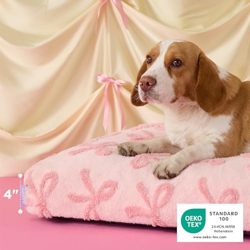 LE SURE Dog Beds Medium Size-Thick Shredded Chopped Foam Pet Bed as Gift for Indoor with Removable Cover, Cute Modern Fuzzy Plush & Anti Slip Bottom, Bow Pink - color: Bow Pink, size: 30.0"L x 20.0"W x 4.0"Th