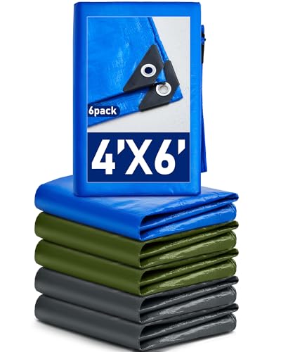 SmoothNovelty 6 Pcs Large Waterproof Tarp 4 x 6 ft Heavy Duty 5.5 Mil Thick Poly Tarpaulin with Grommets Multipurpose Protective Cover for Summer Home Boats Cars Camping RV Pool Tent - color: Green,blue,silver, size: 4 x 6 ft