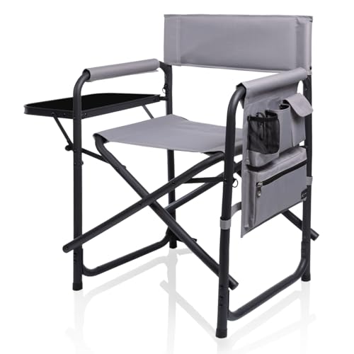 Picnic TIME Sports Chair with Side Table and Armrest Caddy, Lightweight Aluminum Folding Outdoor Camping Chair for Adults, Portable Director Style Lawn Seating with Pockets & Carry Strap, (Gray) - color: Gray With Black Accents