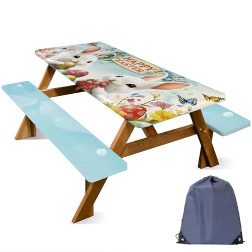 ANNA QUEEN Easter Garden 6FT Picnic Table Cover with Bench Covers Set of 3 with Drawstring Bag, Bunny Eggs Flowers 72"x30" Waterproof Picnic Tablecloth & Bench Covers for Outdoor Dining - color: #62