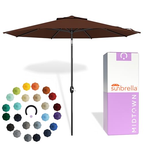Midtown Umbrellas - The Lean 8 Ft Patio Umbrella with Fade-Resistant Sunbrella Fabric, Auto-Tilt Aluminum Frame and 8 Reinforced Ribs for Deck, Pool & Garden - Bay Brown Canopy, Black Pole - color: Sunbrella Bay Brown, size: 8 Feet