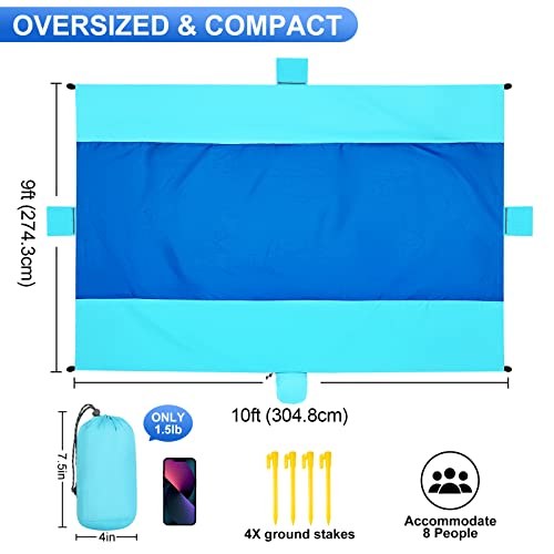 Beach Blanket Waterproof Sandproof Beach Mat 10 x 9ft Extra Large Quick Drying Oversized Lightweight Sand Free Outdoor 120"×108" Picnic Blanket for Vacation Camping Hiking - color: Light Blue