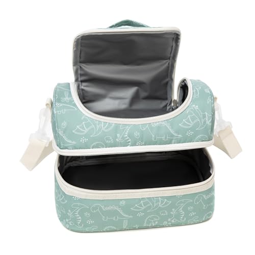 Insulated Kids Dual Compartment Lunch Bags Tote for Girls Boys Toddler Lunch Boxes Pre-School Toddler Kindergarten Picnic Camp Food Cooler Thermal with Strap - color: Green Dinos