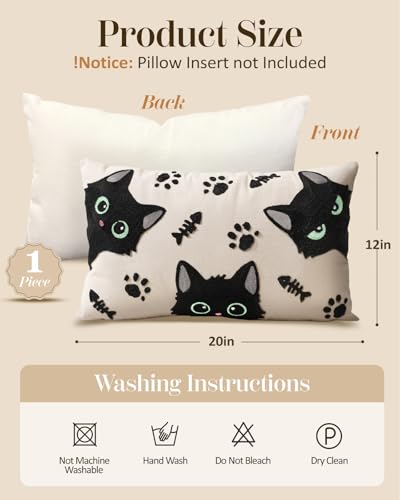 Embroidered Lumbar Pillow Cover 20x12 Inch - Spring Summer Boho Decorative Pillow Cover with Zipper for Living Room Couch Sofa Bed Aesthetic Design Cat Bone Cushion Pillowcase - color: Cat Bone, size: 20" x 12" (Pack of 1)