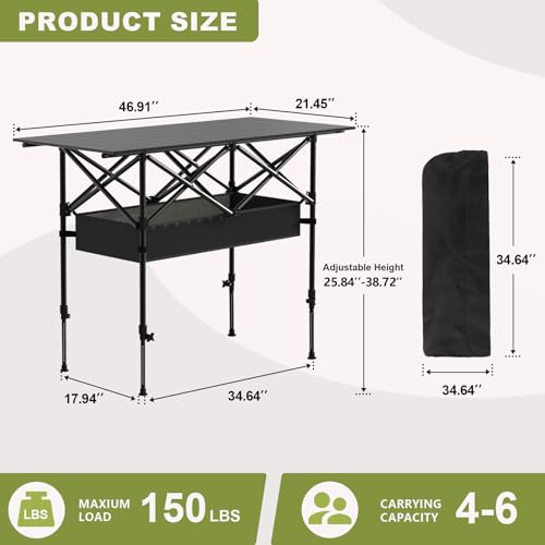 4FT Folding Camping Table,Portable Roll-up Picnic Table with Carry Bag & Mesh Storage,Lightweight Camp Table for Camping,Picnic,Backyard,Party,Patio,BBQ