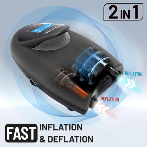 Tonsim Rechargeable Paddle Board Electric Pump, 20 PSI SUP Pump with 4 Preset Modes, Dual-Stage Inflation & Deflation, 12V DC Car Connector, Auto Shut-Off for Paddle Boards, Kayaks and Tents - color: Black