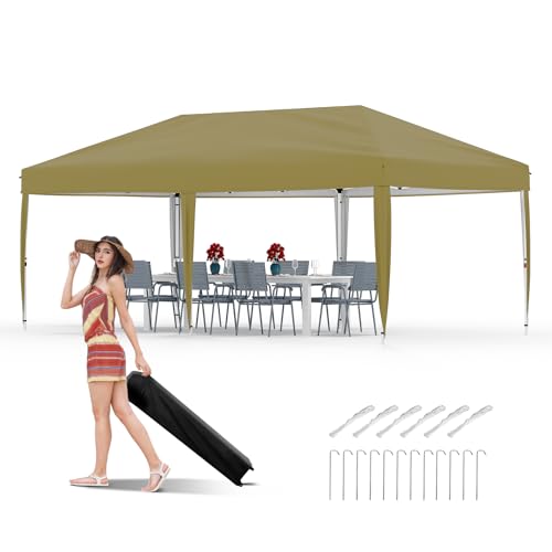 10x20 Pop Up Canopy - Easy Up Camping Tent with One Roller Bag, 3 Adjustable Height, 4 Weight Bags for Deck, Garden, Sports, Beach, Party - Khaki - color: Khaki, size: 10x20