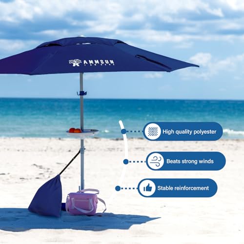 AMMSUN 8ft Large Beach Umbrellas for Sand Heavy Huty Wind Portable Commercial Grade Patio Beach Umbrella with Sand Anchor Hanging Hook Weight Sandbag Adjustable Height Air Vent UPF 50+ Telescoping Pole without tilt Navy - color: Navy