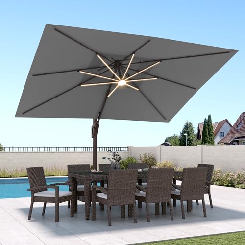9 X 12 FT Cantilever Patio Umbrella with Led Lights Outdoor Heavy Duty Double Top Rectangle Offset Umbrellas with 360-degree Rotation for Pool Deck Backyard, Grey - color: Grey, size: 9' X12' Only Umbrella(LED)