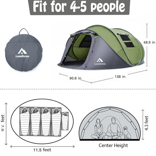 4 Person Easy Pop Up Tent Waterproof Automatic Setup 2 Doors-Instant Family Tents for Camping Hiking & Traveling - color: Green