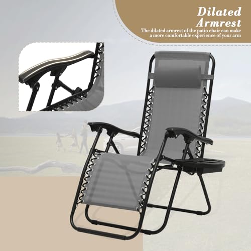 Athena Collection Zero Gravity Outdoor Lounge Chair Set of 2 with Side Table, 25" Width Pool Lounge Lawn Chairs Reclining with Cup Holder, Outdoor Chaise for Beach Patio Backyard Outside, Grey - color: Grey, style: 25" Width