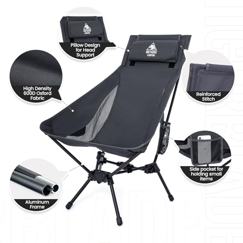 ONETIGRIS Tigerblade High Back Camping Chair with Pillow Design, Comfortable Widened Seat Folding Chair - color: Grey