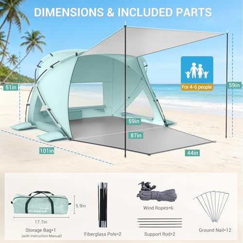 Elegear Beach Tent Sun Shelter with Canopy, CumbreX™ 4-6 Person Pop Up beach tent, Easy Setup UPF 50+ UV Protection Portable Lightweight Waterproof Cooler Family Beach Cabana Sun Shade Shelter - Green - color: Green