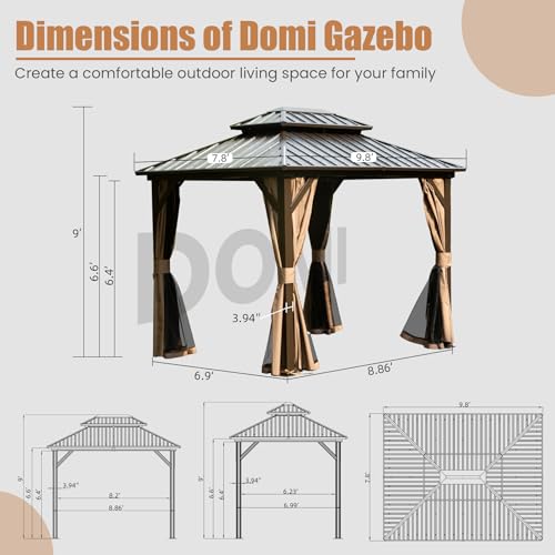 Domi 8' x 10' Hardtop Gazebo, Outdoor Metal Gazebo for Patios with Galvanized Steel Double Roof, Heavy Duty Curtains and Netting Included, Permanent Pergola for Backyard, Garden Lawn, Brown - color: Brown, size: 8'×10' Double Roof