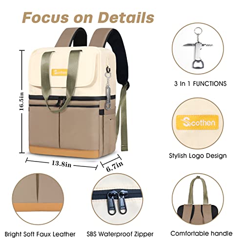 Scothen Backpack Cooler with Double Decker & 12 Ice Packs- Keeps 36 Cans Cold for Up to 24 Hours- Waterproof & Leak Proof Insulated Cooler Backpack- Stylish Cooler Bookbag for Women Travel Work Beach - color: Khaki