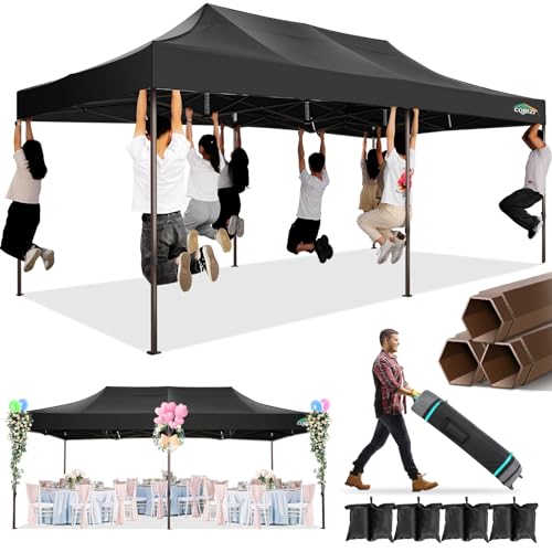 COBIZI 10x20 Pop Up Canopy Heavy Duty Without Sidewalls, Commercial Heavy Duty Pop Up Tent for Parties All Weather Waterproof and UV 50+ Wedding Tent with Roller Bag(Legs Upgraded),Black - color: Night Black, size: 10x20FT