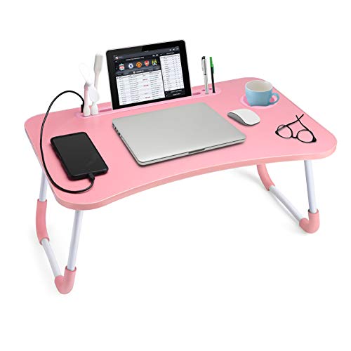 Slendor Lap Desk with Cup Holder, Foldable Laptop Table for Bed, Portable Bed Desk for Laptop and Writing, Computer Tray with Tablet Slot, Notebook Stand Reading Holder for Couch Sofa Floor,Pink - color: Pink