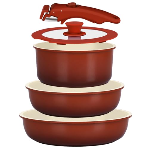 GiPP 5PCS Pots and Pans Set Non Stick, Nonstick Cookware Set Detachable Handle, Ceramic Pots for Cooking Non Stick with Removable Handle, RV Cookware Set for All Stoves, Red Black Gradien - color: Red and Black Gradient, size: 5PCS