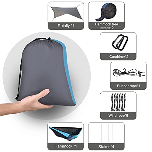 Camping Hammock with Mosquito Net Rain Fly Heavy Duty Tree Strap Nylon Parachute Single Double Hammock Tent Waterproof Rainfly Set for Camping Backpacking Backyard Patio Hiking Travel Outdoor - color: Blue
