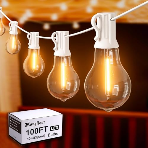 Outdoor String Lights 100 Feet LED Patio Lights 53 Plastic Edison Bulbs (3 Spare), Waterproof Connectable Hanging Light for Backyard Porch Balcony Party Decor, White - color: White, size: 100ft