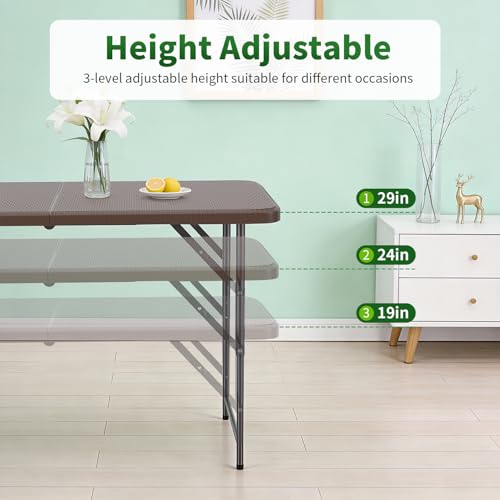 BestOffice 4 FT Picnic Table Folding Table Camping Plastic Table Fold Up Table Lock for Party Event, Brown Ratten - color: Brown Ratten, size: 4 FT
