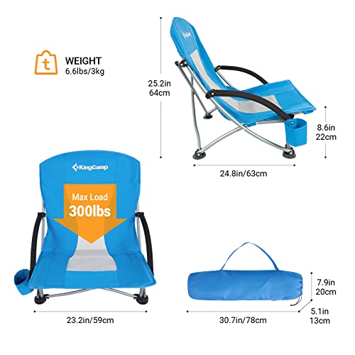 KingCamp Low Beach Chair, High Back Folding Camping Chair for Adults, Oversized Breathable Mesh Seat, 300lbs Heavy Duty Portable Chair with Cup Holder & Storage Pockets for Beach, Outdoor - color: Ergobreeze C Blue 2pcs