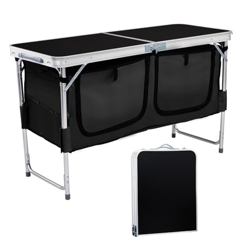 VINGLI 4 Ft Folding Table, Aluminum Camping Table, Picnic Table with Storage, Adjustable Height for Outdoor Beach BBQ Backyards Travel Party (Black) - color: Black