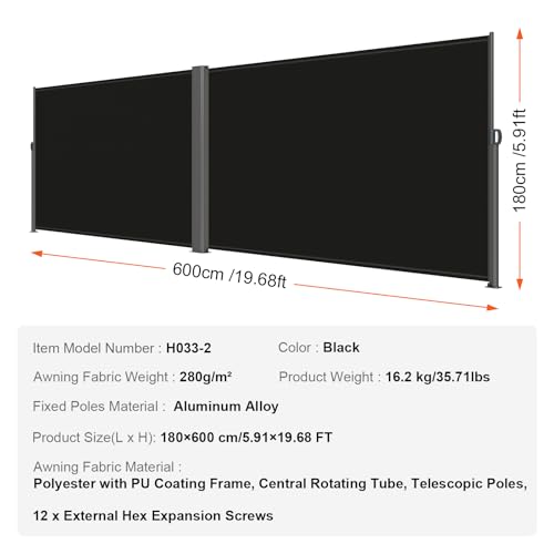 VEVOR Retractable Side Awning, UV 50 71''x 236'' Full Aluminum Rust-Proof Patio Sunshine Screen, 280 g Thicken Privacy Divider & Wind Screen for Courtyard, Balcony, Roof Terraces and Pools, Black - color: Black, size: 71''*236''